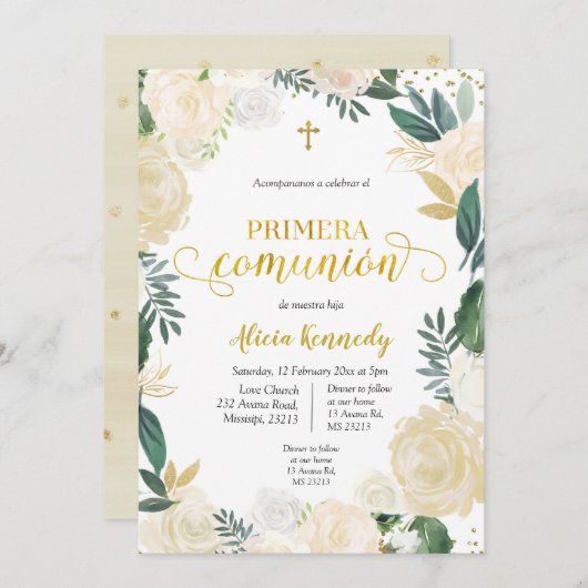 Primera Comunió florale blanche sur invitation In (Devant / Derrière)