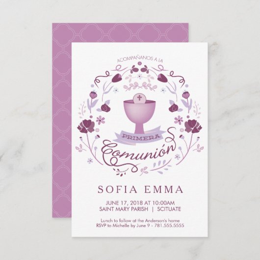 Primera Comunión Invitación - Spaans, meisje Kaart (Voorkant / Achterkant)