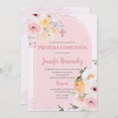 Primera comunión kleur rosa con flores kaart (Voorkant / Achterkant)