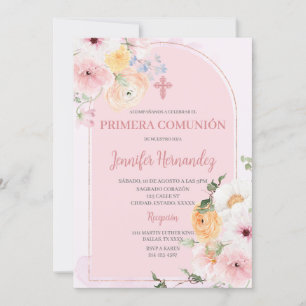 Primera comunión kleur rosa con flores kaart