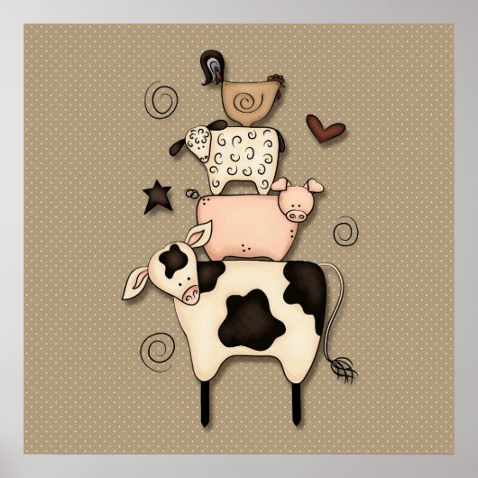 Primitief land Koe, schaap, schaap en rooster deco Poster (Voorkant)