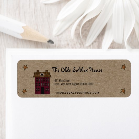 Primitief land Saltbox House Rusty Stars Kraft Etiket (Insitu)