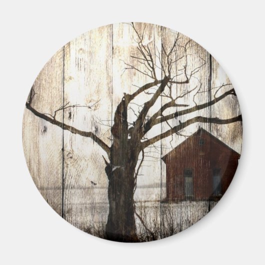 Primitief land Woodgrain Winter Tree Red Barn Magneet (Voorkant)