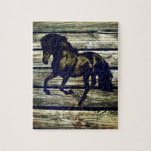 Primitieve BarnWood Equestrian Zwarte Hengst Paard Legpuzzel