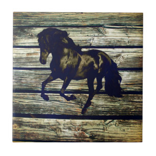 Primitieve BarnWood Equestrian Zwarte Hengst Paard Tegeltje