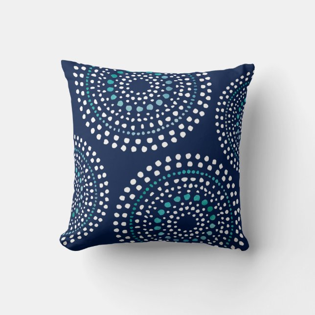 Primitieve Boho Mosaic Pattern Aqua Navy Kussen (Voorkant)