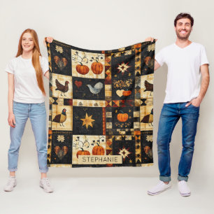 Primitieve Folk Art Quilt Patroon   rustieke herfs Fleece Deken