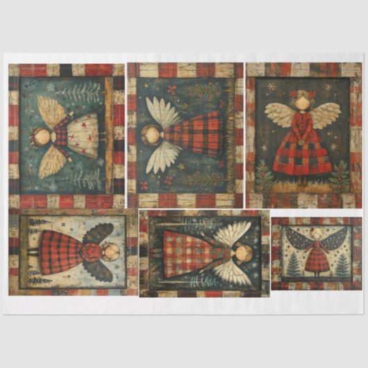 Primitieve Folkart Christmas Angels Tissuepapier (Voorkant)