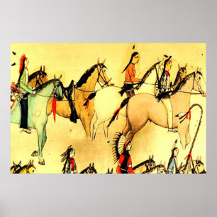 Primitieve Indiërs Paarden Folk Tekening Poster