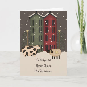 Primitieve Koe & Schaap Groot Nichtje Kerst Feestdagen Kaart