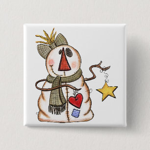 Primitieve sneeuwman met hart en ster vierkante button 5,1 cm