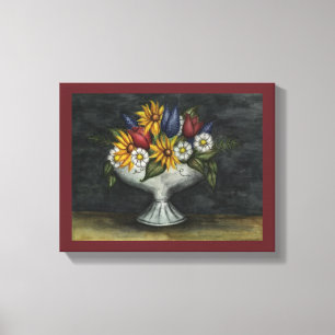 Primitieve volks kunst bloemschilderij op canvas afdruk