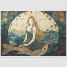 Primitieve zeemeermin met vis oceaan decoupage