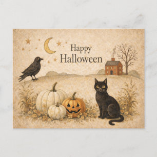 Primitieve Zwarte Kat Folk Art Halloween Feestdagenkaart