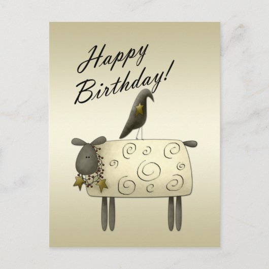 Primitive Crow and Sheep Birthday Briefkaart (Voorkant)