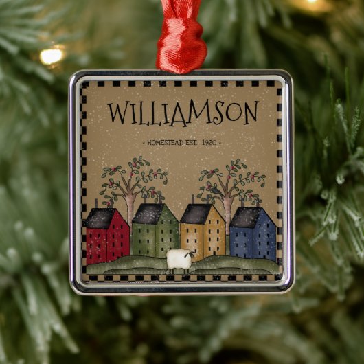 PRIMITIVE SALTBOX HOUSE FAMILIE NAME RUSTIC METALEN ORNAMENT (Boom)