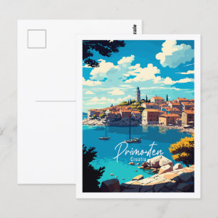 Primosten Kroatië vintage reisillustratie Briefkaart
