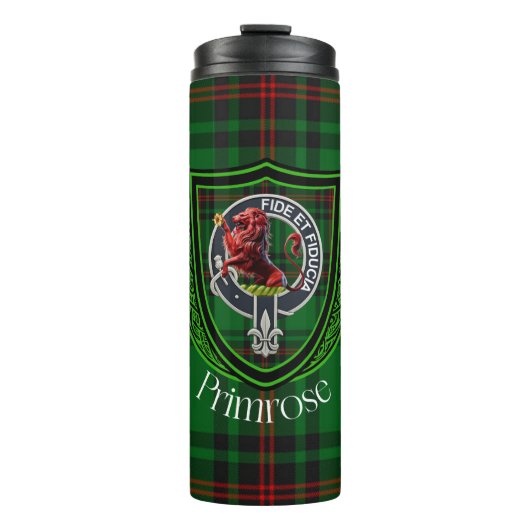 Primrose Scottish Clan Tartan & Crest Thermosbeker (Voorkant)