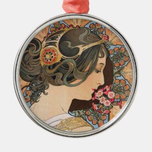 Primrose van Alphonse Mucha - Art Nouveau Metalen Ornament