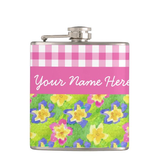 Primroses Hip Flask to Personalize: roze Gingham Heupfles (Voorkant)