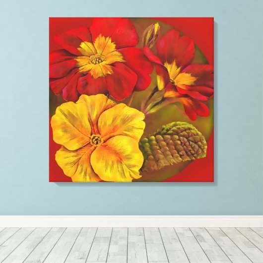 Primula floral red canvas fine art rap print (Insitu (Houten vloer))