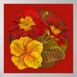 Primula rood en geel botanisch poster met fijne ku