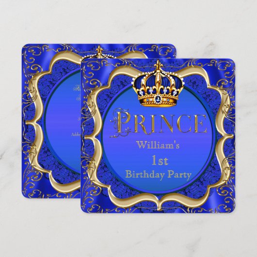 Prince 1st Birthday Boy Royal Blue Crown A Kaart (Voorkant / Achterkant)