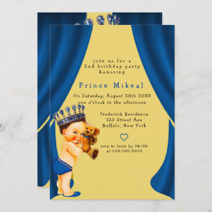Prince and Teddy Bear Blue Gold Birthday Party Kaart
