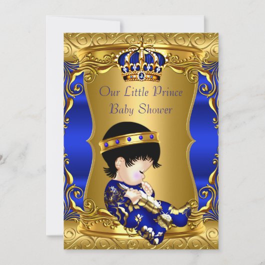Prince Baby shower Blue Gold Brunette Baby Boy Kaart (Voorkant)