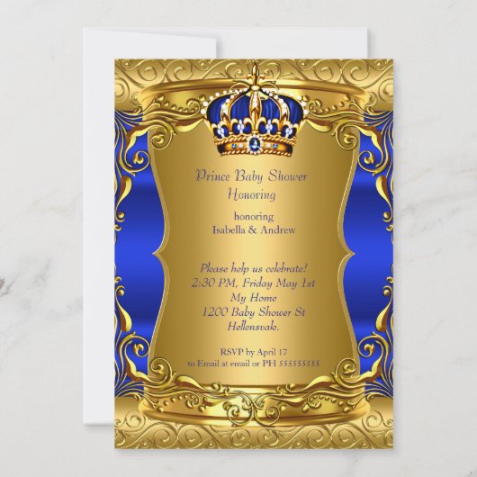 Prince Baby shower Blue Gold Brunette Baby Boy Kaart (Achterkant)