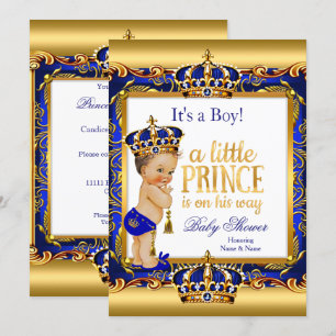 Prince Baby shower Blue  Gold Brunette Boy Kaart