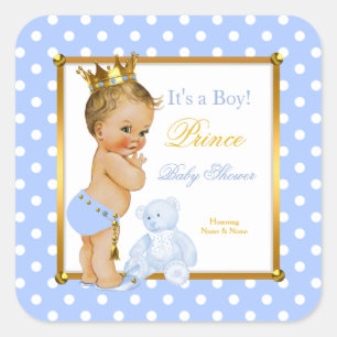 Prince Baby shower Boy Blauw Polka Dot Blonde Vierkante Sticker