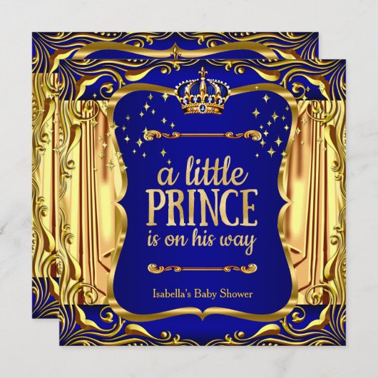 Prince Baby shower Boy Blue Gold Invitation (Devant / Derrière)