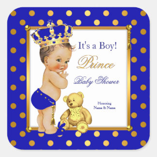 Prince Baby shower Boy Royal Blue Gold Brunette Vierkante Sticker