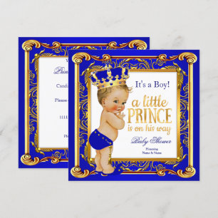 Prince Baby shower Damask Blue Gold Blonde Boy Kaart