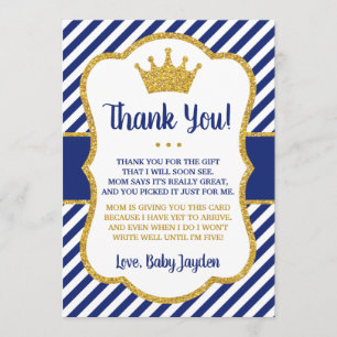 Prince Baby shower Hartelijk dank   Blauw en goud Bedankkaart
