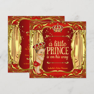 Prince Baby shower Red Gold Boy Brunette Invite Kaart