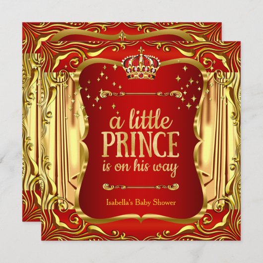 Prince Baby shower Red Gold Boy Invitation (Devant / Derrière)