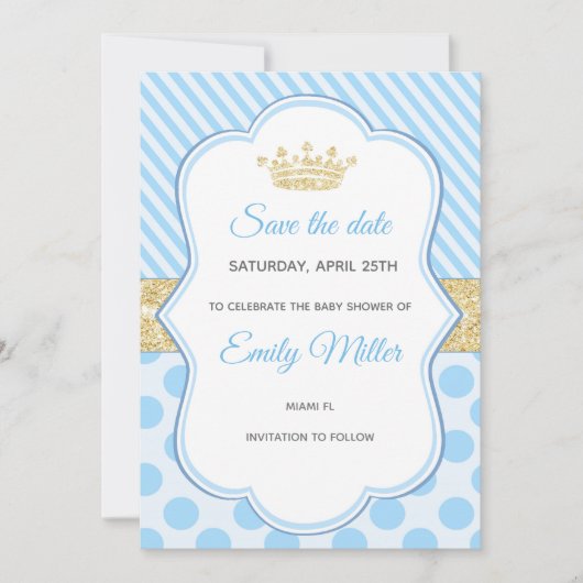 Prince Baby shower Save the Date Blue Gold Glitter (Voorkant)