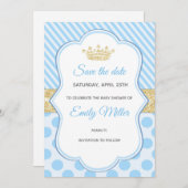Prince Baby shower Save the Date Blue Gold Glitter (Voorkant / Achterkant)