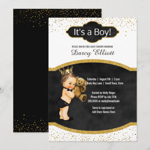 Prince Boy Baby shower Black Faux Gold Glitter Kaart