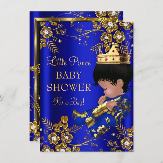 Prince Boy Baby shower Blue Gold Invitation (Devant / Derrière)