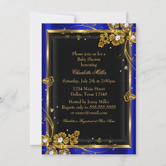 Prince Boy Baby shower Blue Gold Invitation Kaart (Achterkant)