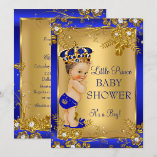 Prince Boy Baby shower Gold Blue Floral Brunette Kaart