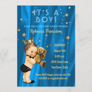 Prince Boy Baby shower Invitation Blue Gold Stars Kaart