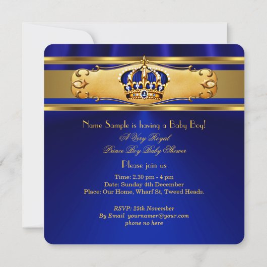 Prince Boy Baby shower Royal Blue Gold Kaart (Achterkant)
