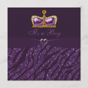 Prince Crown, Heart & Zebra Glitter Baby shower Kaart