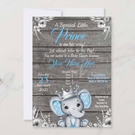 Prince Elephant Baby shower Invitation Zilverblauw Kaart (Voorkant)