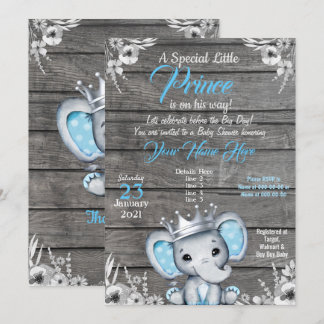 Prince Elephant Baby shower Invitation Zilverblauw Kaart