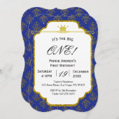 Prince First Birthday Invitation d'or de bleu (Devant / Derrière)